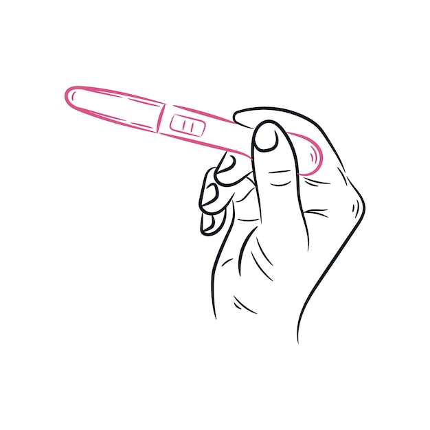 Handen met zwangerschapstest kit hand getrokken lijn schets anticonceptie vector schets illustratie