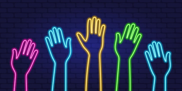 Handen omhoog Neon stijl afbeelding Hand gebaren Vector illustratie