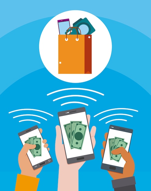 Handen online winkelen met smartphones concept