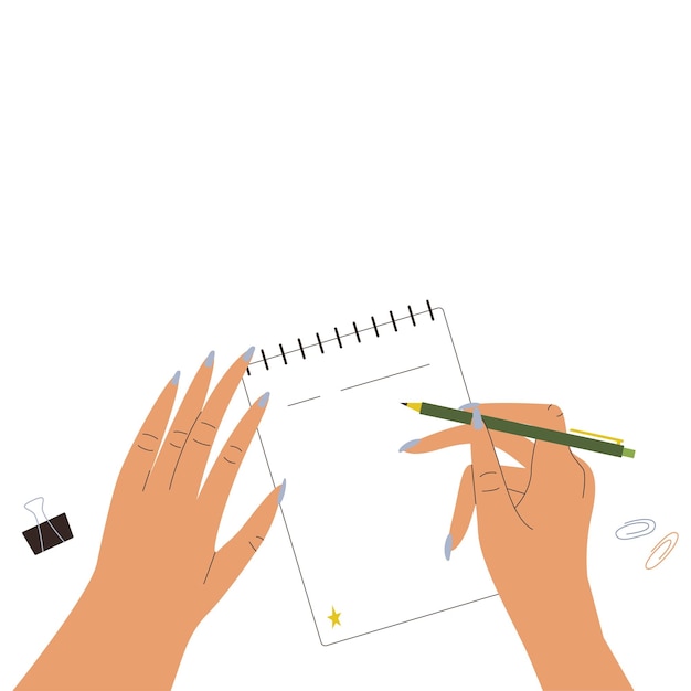 Handen schrijven in een notitieboekje. Bedrijfsconcept