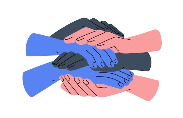 Handen stapel samen Team vertrouwen en eenheid Gemeenschap in partnerschap samenwerking Wederzijdse hulp ondersteuning concept Unie en saamhorigheid Platte vector illustratie geïsoleerd op witte achtergrond