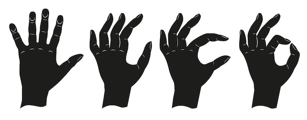 Handen tonen het teken dat alles in orde is Handen gevuld met zwarte verf Vectorillustratie