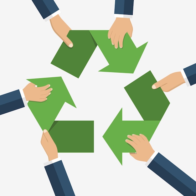 Handen van mannen die tekenrecycling houden. Recycle teken. Recycle symbool. Vectorillustratie, platte ontwerpstijl. Zorg voor het milieu. Recycle-concept. Milieubescherming.