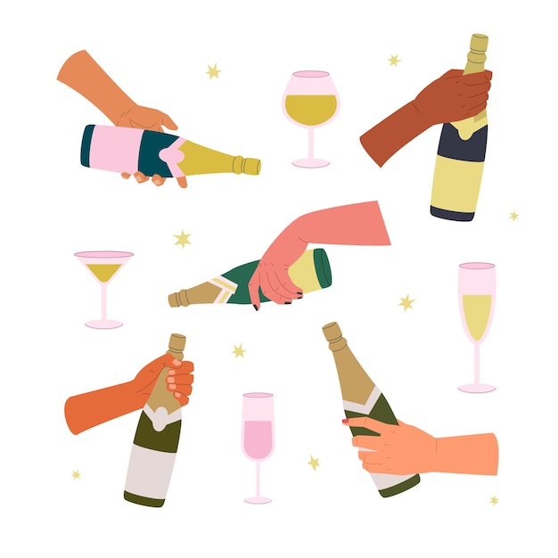 Handen van mensen van verschillende nationaliteiten met verschillende champagneflessen Platte vectorillustratie op witte achtergrond Set van handen die champagne serveren Concept van feestvakantie of proeverij