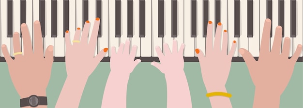 Vector handen van vader moeder en kind samen piano spelen