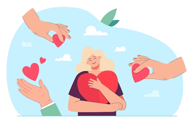 Handen van vrijwilligers die rode harten geven aan kleine vrouw met liefde. Gelukkige vrouw die hulp, bijstand en ondersteuning krijgt platte vectorillustratie. Projectcampagne van liefdadigheidsstichting, solidariteitsconcept