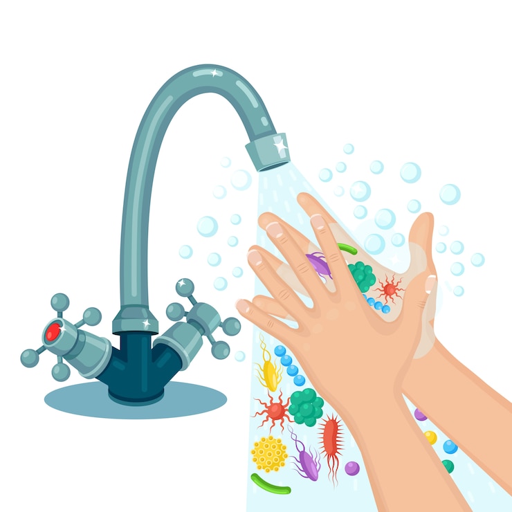 Vector handen wassen met zeepschuim, scrub, gelbellen. waterkraan, kraan lek. verwijder ziektekiemen, bacteriën, microben, virussen. persoonlijke hygiëne, dagelijkse routine concept. schoon lichaam. cartoon ontwerp