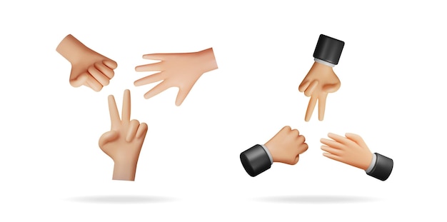 Handgebaren bij het spelen van het rock paper scissors spel Groep handen die beslissingen nemen