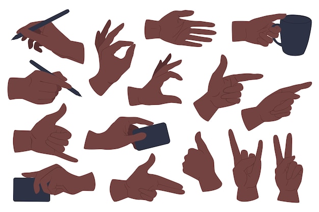 Handgebaren instellen grafische elementen in plat ontwerp Bundel van Afro-Amerikaanse handen schrijven met beker wijzend met ok zoals rockoverwinning en andere vectorillustratie geïsoleerde objecten