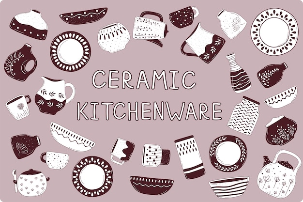 Handgemaakt keukengerei voor decoratie ontwerp keramische studio koken achtergrond keukengerei set servies hand getrokken vectorillustratie