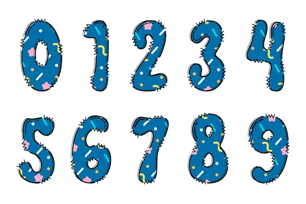Vector handgemaakt memphis nummer kleur creatief kunst typografisch ontwerp