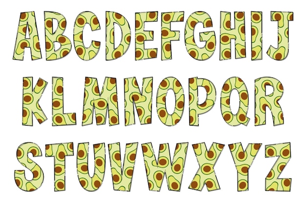 Vector handgemaakte avocado letters kleur creatieve kunst typografisch ontwerp