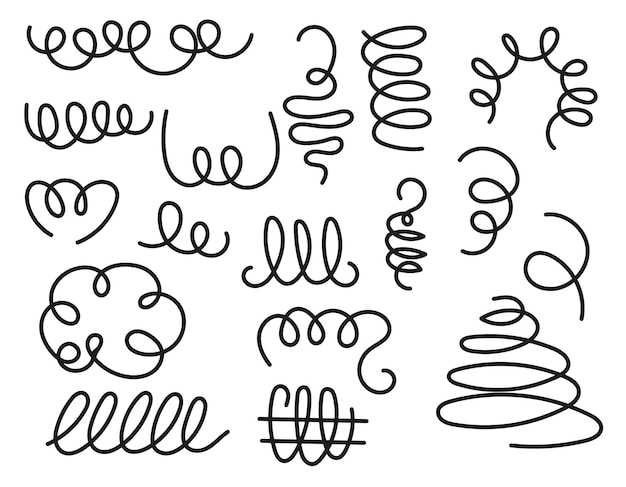 Vector handgemaakte spoelveer set draad pvector veer doodle metaalspirale pictogrammen vector illustratie geïsoleerd