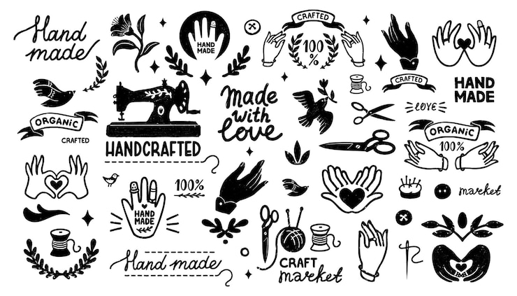 Vector handgemaakte vector iconen set vintage elementen in stempel stijl en zelfgemaakte belettering