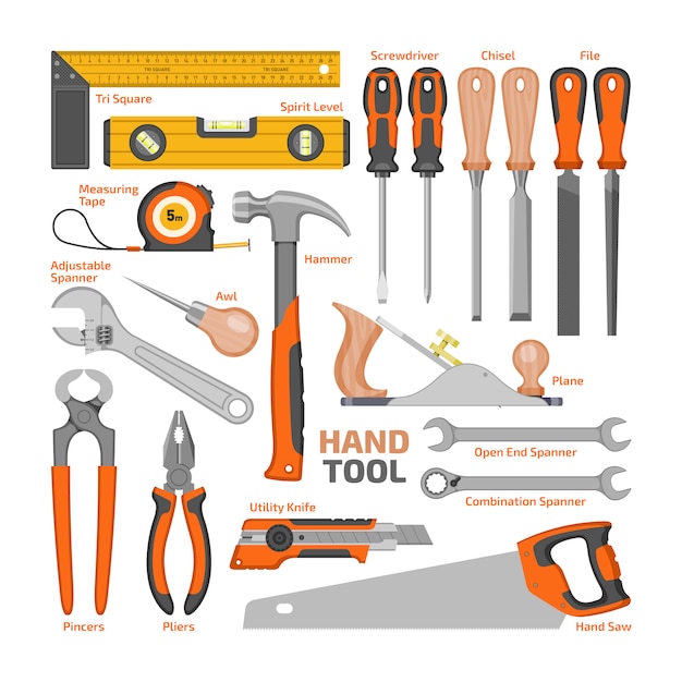 Vector handgereedschap vector bouw handgereedschap hamer tangen en schroevendraaier van toolbox illustratie werkplaats set van timmerlieden moersleutel en hand-zag geïsoleerd.