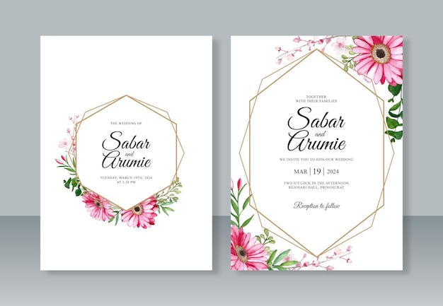 Handgeschilderde aquarel bloemen en geometrische rand voor bruiloft uitnodigingskaart set sjabloon