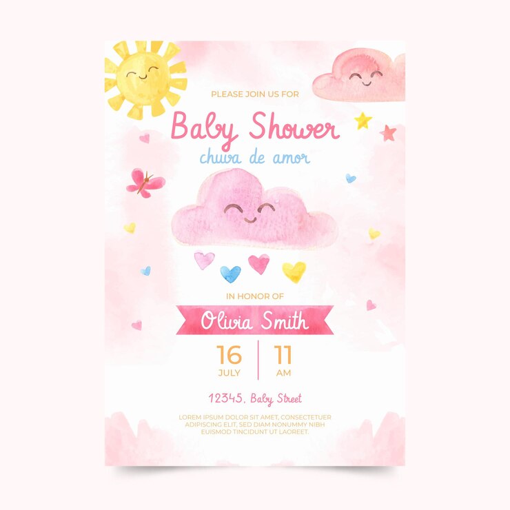 Vector handgeschilderde aquarel chuva de amor baby shower uitnodiging