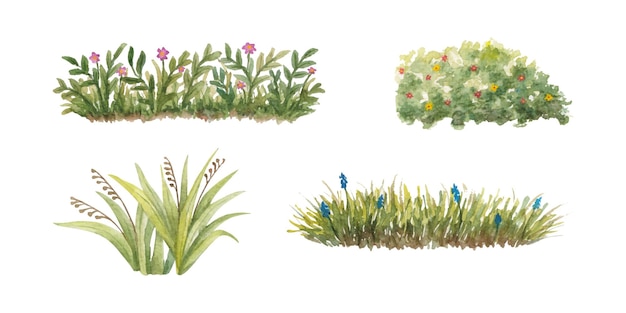 Handgeschilderde aquarel groen gras of tuin elementen set collectie