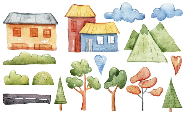 Handgeschilderde aquarel schattige kinderen bomen en huizen clipart set voor stickers Grappige illustraties