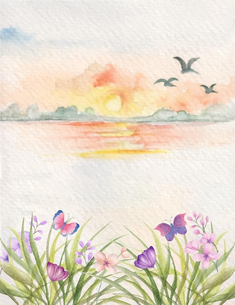 Handgeschilderde aquarel zonsondergang landschap achtergrond