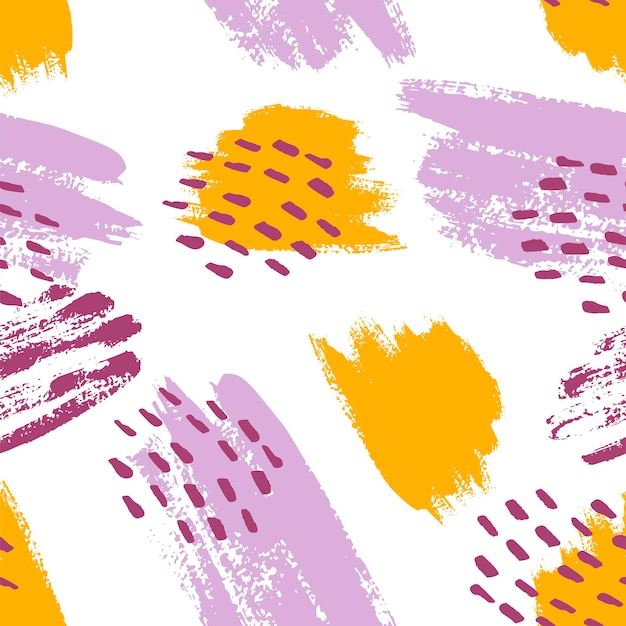 Handgeschilderde penseelstreken in mosterd, paars, lila en wit. naadloze vector abstracte patroon, achtergrond van textuur penseelstreken en vlekken, stippen voor stof ontwerp, verschillende webdesigns