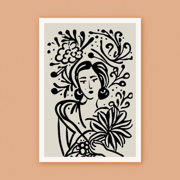 Handgeschilderde zwarte inkt lijntekeningen portret van vrouw met bloemen Crazy Plant Lady Poster