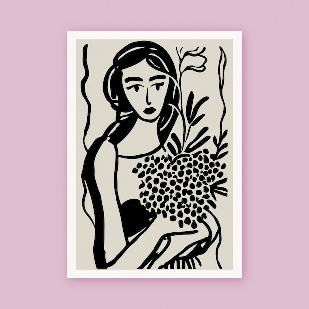 Handgeschilderde zwarte inkt lijntekeningen portret van vrouw met bloemen Crazy Plant Lady poster