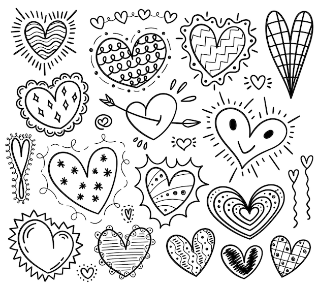 Vector handgeschreven doodle harten verschillende stijlen en vormen