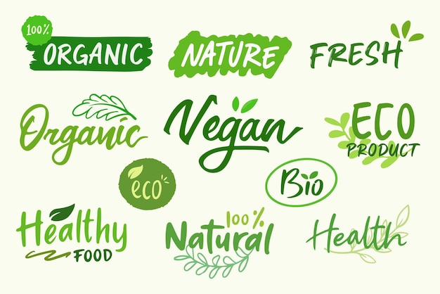 Handgeschreven groen veganistisch en biologisch concept belettering Vector label sjabloonontwerp voor bedrijven