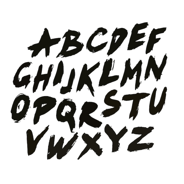 Handgeschreven lettertype Handgetekend schreefloos type Grunge-lettertype voor uw ontwerp Geschilderde letters met noodtextuur Zwart alfabet op witte achtergrond Geïsoleerde vectorlettertype met penseelstreken textuur