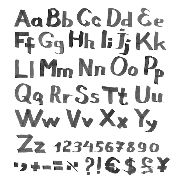 Handgeschreven lettertype met valutasymbolen en cijfers