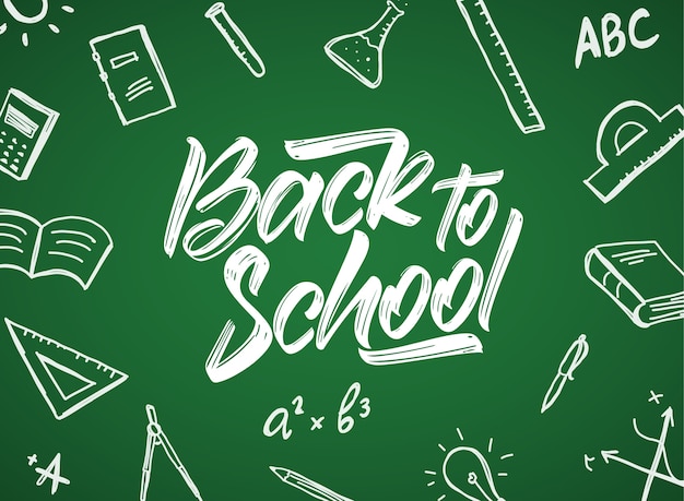 Handgeschreven typografische letters van back to school met doodlesbenodigdheden op schoolbordachtergrond