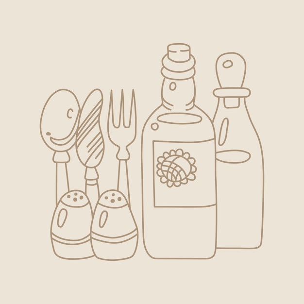 Handgetekend bestek en flessenpictogram voor recepten en restaurantmenu.