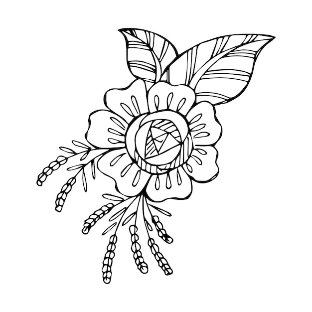 Handgetekend bloemboeketarrangement in zwart-wit
