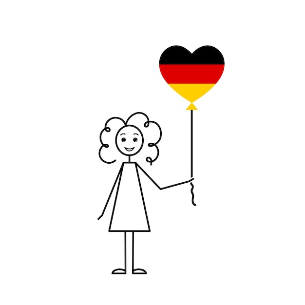 Handgetekend duits meisje liefde duitsland schets krullend meisje met een hartvormige ballon zwarte lijn vectorillustratie deutschland