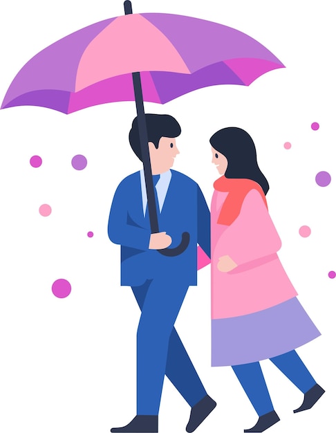 Handgetekend echtpaar met paraplu's in de regen in platte stijl geïsoleerd op de achtergrond
