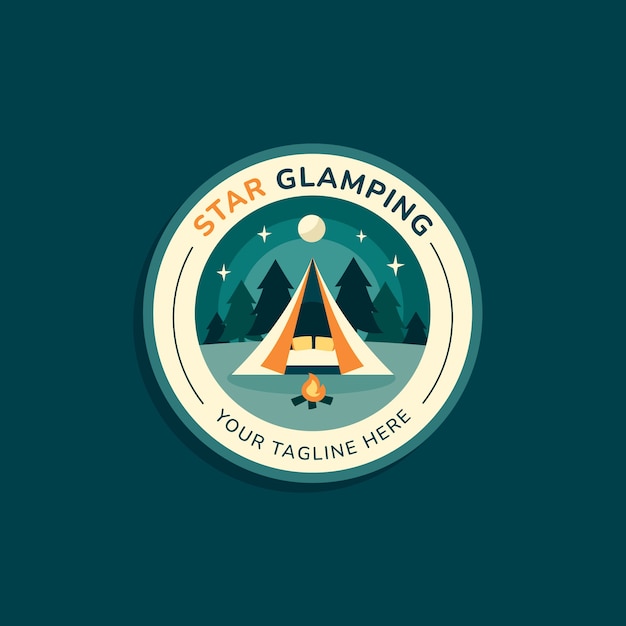Vector handgetekend glamping-logo met plat ontwerp