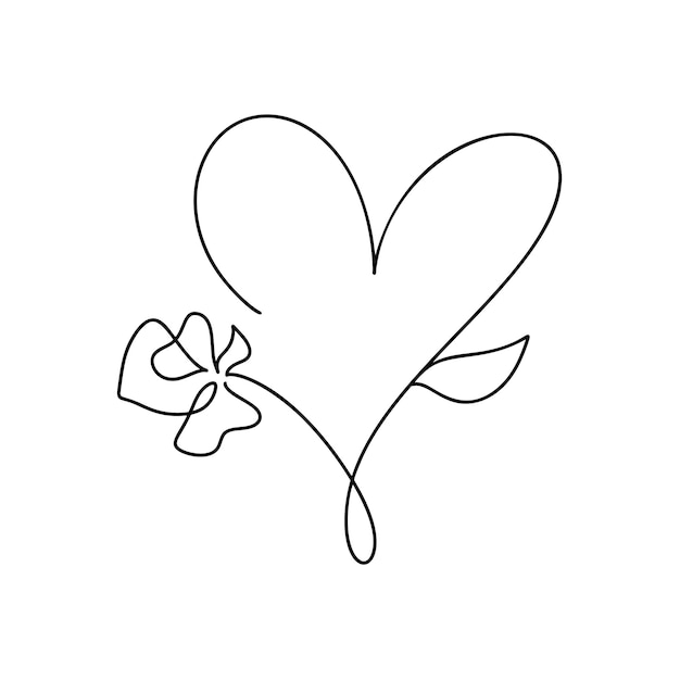 Vector handgetekend liefdeshart met bloem monoline vector logo een kunstlijn illustratie zwarte omtrek