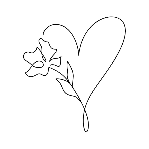 Handgetekend liefdeshart met bloem monoline vector logo een kunstlijn illustratie zwarte omtrek