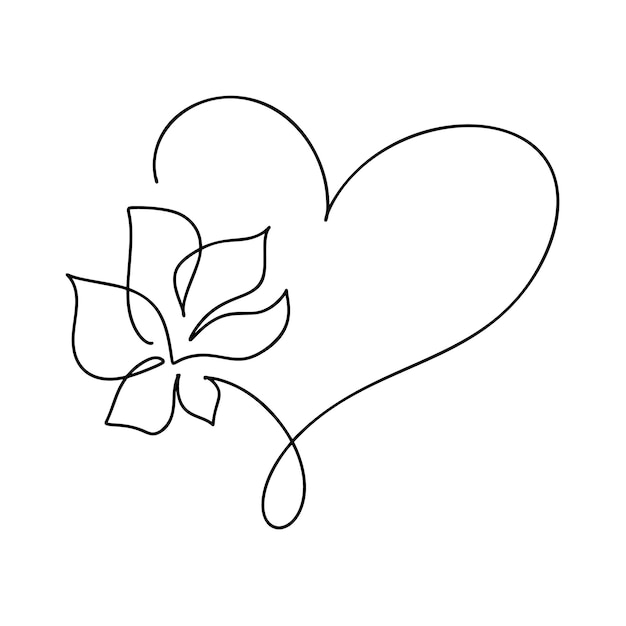 Vector handgetekend liefdeshart met bloem monoline vector logo een kunstlijn illustratie zwarte omtrek