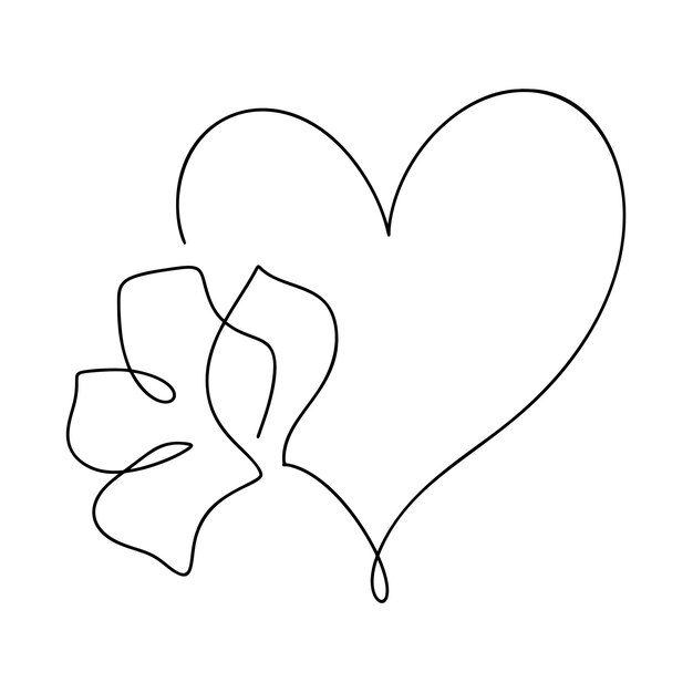 Vector handgetekend liefdeshart met bloem monoline vector logo een kunstlijn illustratie zwarte omtrek