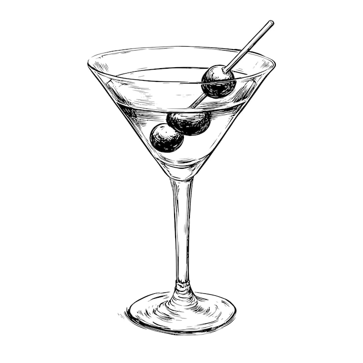 Vector handgetekend martini glas met cocktail en olive sketch