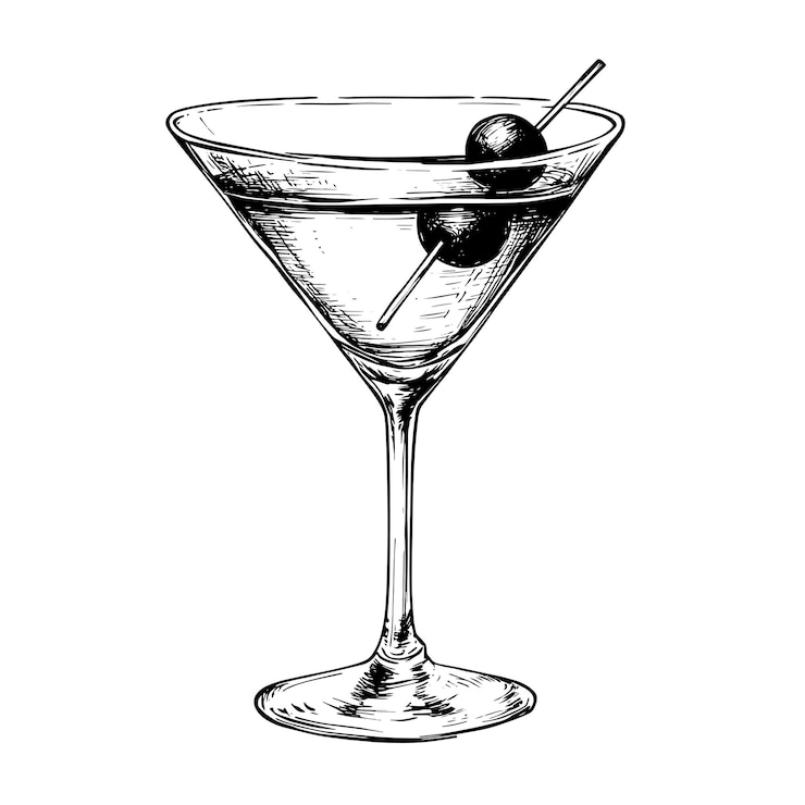 Vector handgetekend martini glas met cocktail en olive sketch