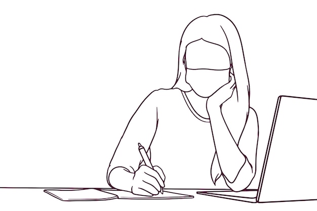 Handgetekend meisje dat met laptop studeert terwijl ze een gezichtsmaskerillustratie draagt