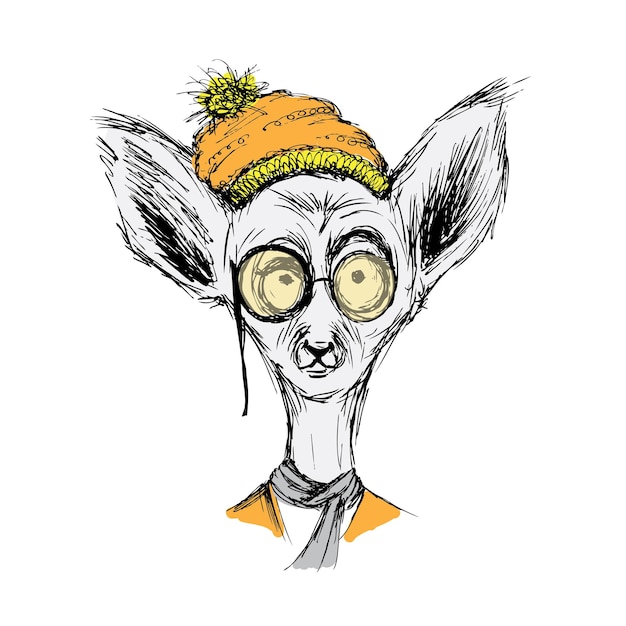Handgetekend modeportret van lemur Hipster met oude bril hoed en sjaal geïsoleerd op witte vector