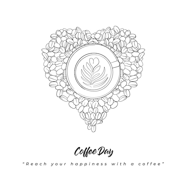 Handgetekend van een koffiekopje omringd door koffie die een hart vormt voor het ontwerp van de koffiedagcampagne