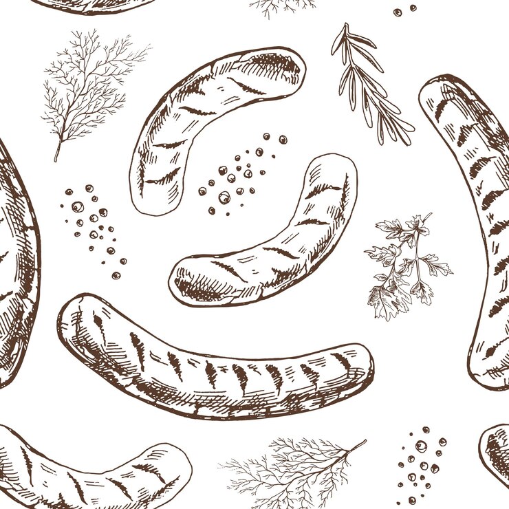 Vector handgetekend vector naadloos patroon van barbecue gegrilde worst en groenten vintage doodle illustratie sketch voor café menu's en etiketten de gegraveerde afbeelding