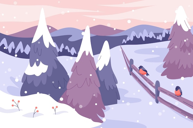 Vector handgetekend vlak winterlandschap