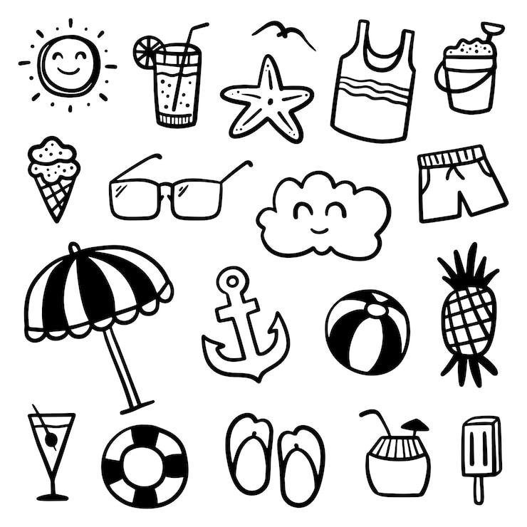 Vector handgetekend zomerthema dunne zwarte lijn abstracte doodle strandvakantiehulpmiddelen in meerdere collecties