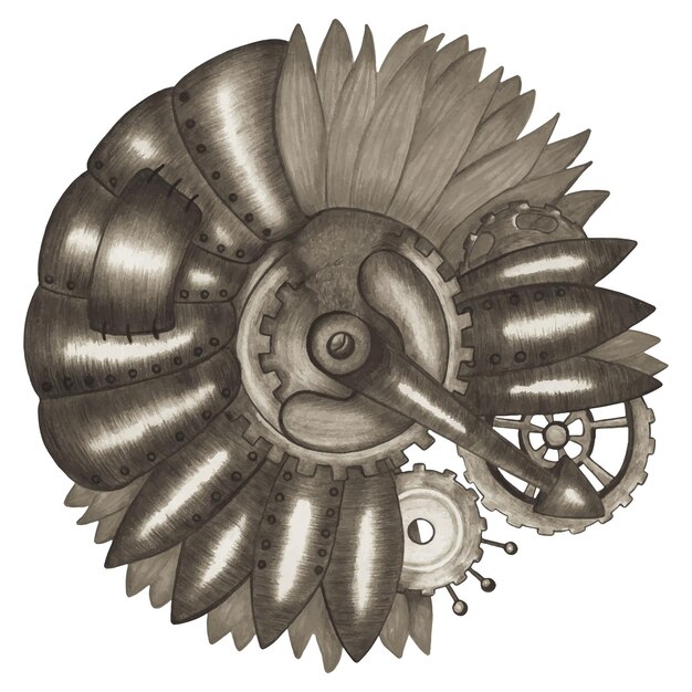 Handgetekend zonnebloem steampunk-element in sepia